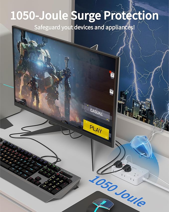 Surge Protector Power Strip with Flat Plug, 5 FT Extension Cord with 6 AC Outlets 4 USB Ports(2 USB-C),1050J Surge Protection, Wall Mountable Charging Station for Office, Home, White