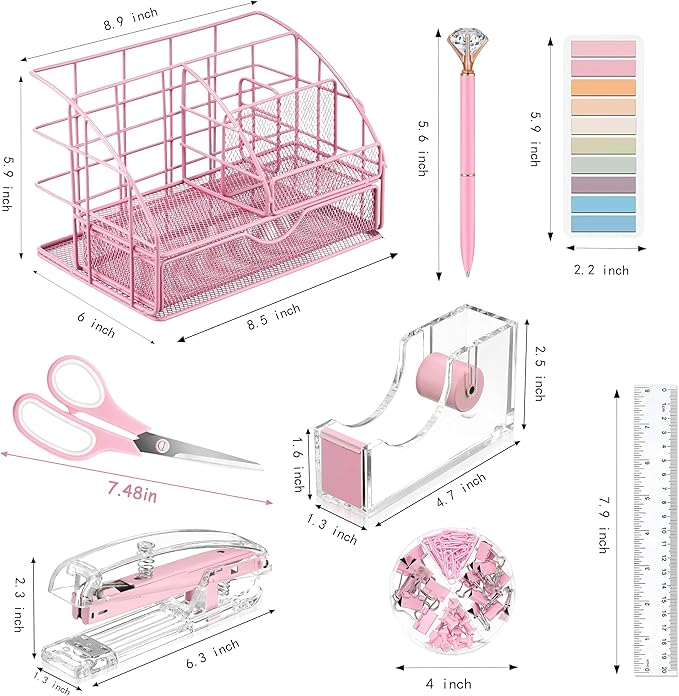 Pink Desk Organizers and Accessories, Pink Office Supplies with Mesh Desk Organizer, Acrylic Tape Dispenser and Stapler, Staples, Ballpoint Pen, Clips Set, Ruler, Scissor, Sticky Labels