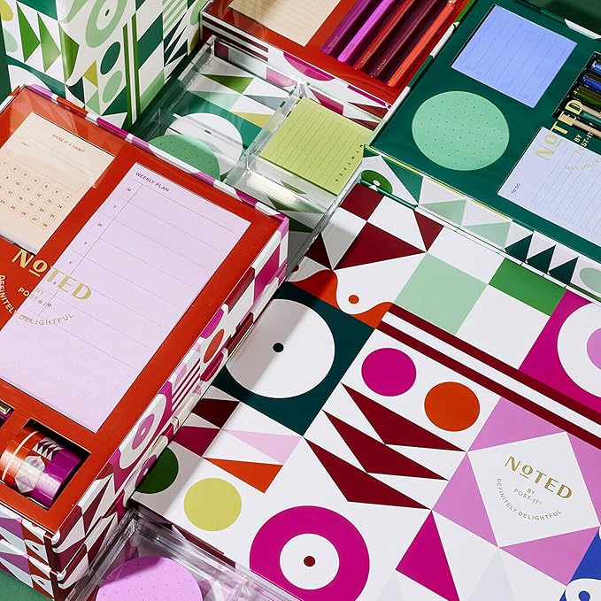 Noted by Post-it Printed Notes Gift Box, Warm Colors, Includes Acrylic Tray, 100 Round Sticky Notes, 5-Pack Pens (NTD-TRAY-36-H)