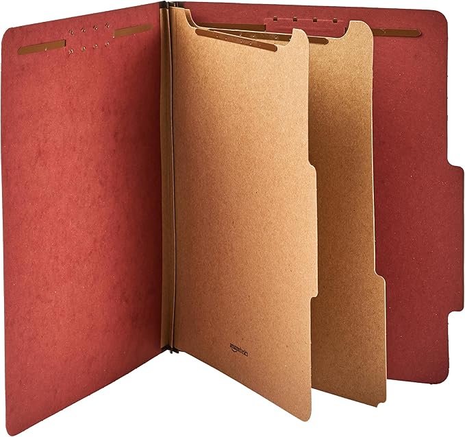 Amazon Basics Pressboard Classification File Folder with Fasteners, 2 Dividers, 2-Inch Expansion, Pack of 10, 12.17 x 10.67 inch (Letter), Red