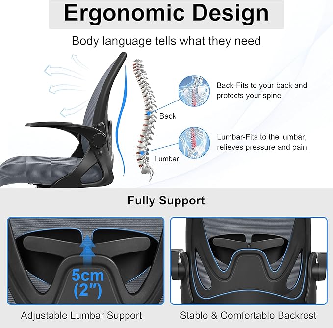 Primy Drafting Chair Tall Office Chair with Flip-up Armrests Executive Ergonomic Computer Standing Desk Chair with Lumbar Support and Adjustable Footrest Ring(Dark Gray)