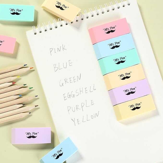 Mr. Pen- Erasers, 48 Pack, Pastel Colors Pencil Eraser, Erasers for Pencils, Mr Pen Erasers, Erasers for School, Large Eraser, Block Erasers for School, Rubber Eraser, Large Erasers for School
