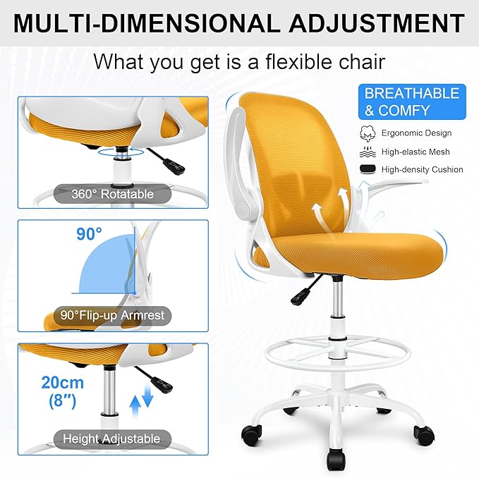 Primy Drafting Chair Tall Office Chair with Flip-up Armrests Executive Ergonomic Computer Standing Desk Chair with Lumbar Support and Adjustable Footrest Ring(Yellow)