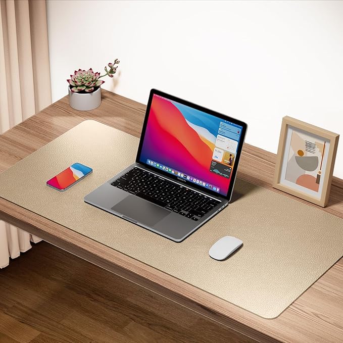 Boutilon Leather Desk Pad 35"x 17" Non-Slip Mouse Pad,Office Desk Mat,Waterprooft PU Leather Desk Blotter,Desk Pad Protector,Desk Writing Pad for Home Office Decor (L-Golden,35"x 17")