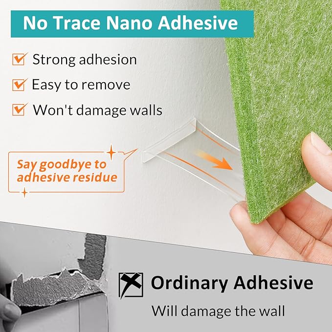 Large Cork Board for Walls - 12 Pack Felt Wall Tiles with Safe Removable Adhesive Tabs - 48" x 36" Bulletin Board for Home & Office & School Decor - Sage Green
