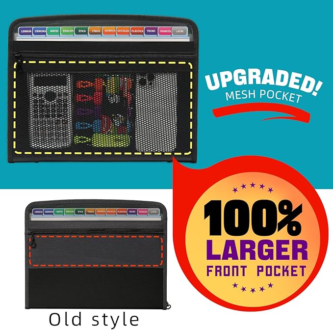 H4D Zippered Accordion File Organizer with Front Mesh Pouch, 13 Pocket Expanding File Folder, Fit for Documents Letter Size A4 Papers, Clear