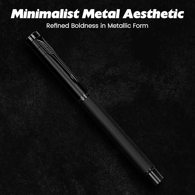 Fountain Pen with Extra Fine Nib - Modern Black Metal Design with Intricate Knurled Grip, Smooth and Skip-Free Writing, Includes Ink Cartridges, Converter, and Protective Sleeve