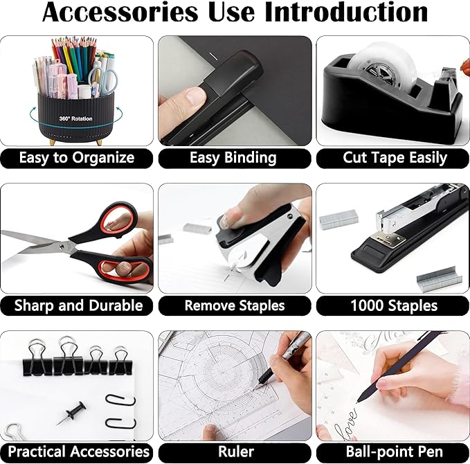 Office Desk Accessories, Black Office Supplies 360°Pen Holder Desk Organizers And Accessories with Tape Dispenser, Stapler, Staple Remover, 1000 Staples, Tape, Clips Set, Ruler, Scissor, Pen