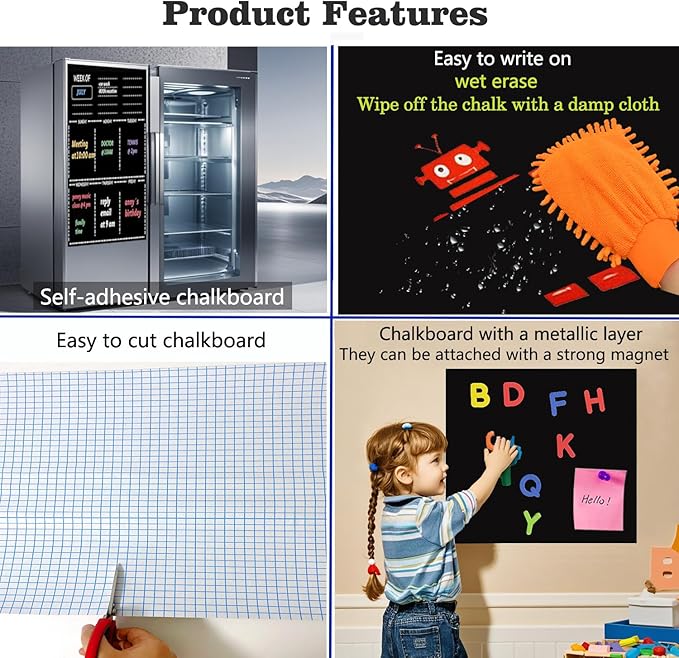 Magnetic Chalkboard Contact Paper 17.5" x 24" Self Adhesive Magnetic Wall Board Sticker with Liquid Chalk for Kids Black Chalk Board Wallpaper Roll Alternative Magnetic Blackboard Paint