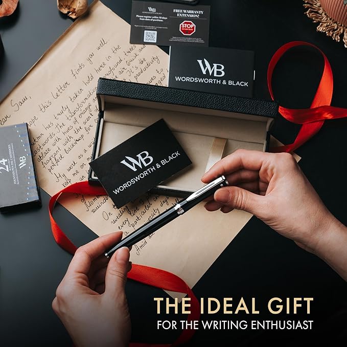 Wordsworth & Black Chrome Plated Chrome Black Calligraphy Fountain Pen Set with 24 Ink Cartridges, Piston Converter and Gift Box