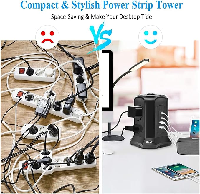 Power Strip Tower Surge Protector BEVA 10ft Flat Plug Desktop Charging Station 9 AC Outlets 4 USB Ports, 900 Joules, Long Extension Cord for Home Office Appliances Smartphones Computer Tablets(Black)