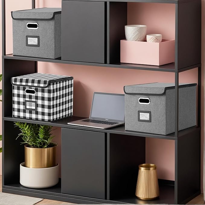 File Organizer Box with Lid, Collapsible File Folder with Plastic Slide for Office/Decor/Home, Hanging Office Document Storage, 14.96 x 12.6 x 10.83 inch,1 pack - without folders,Gray