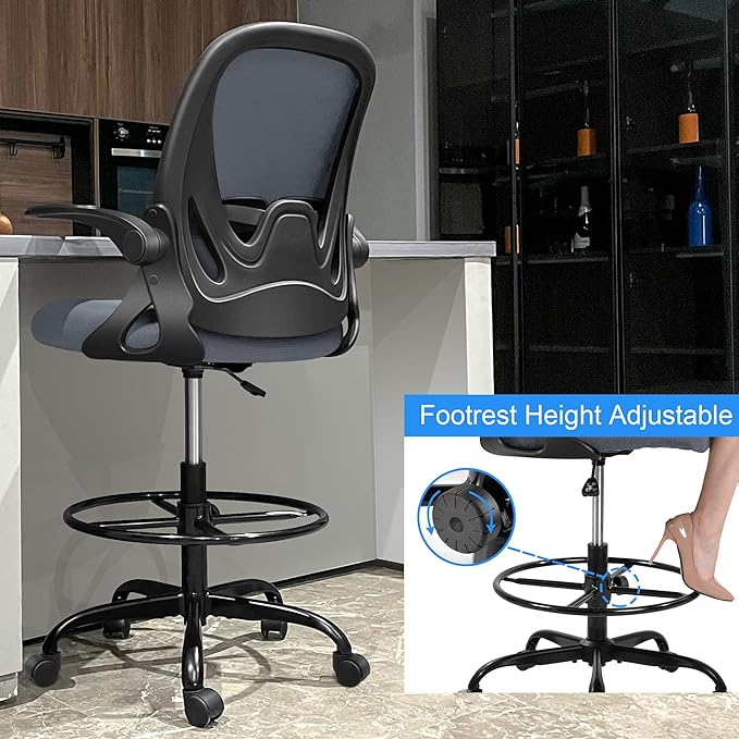 Primy Drafting Chair Tall Office Chair with Flip-up Armrests Executive Ergonomic Computer Standing Desk Chair with Lumbar Support and Adjustable Footrest Ring(Dark Gray)