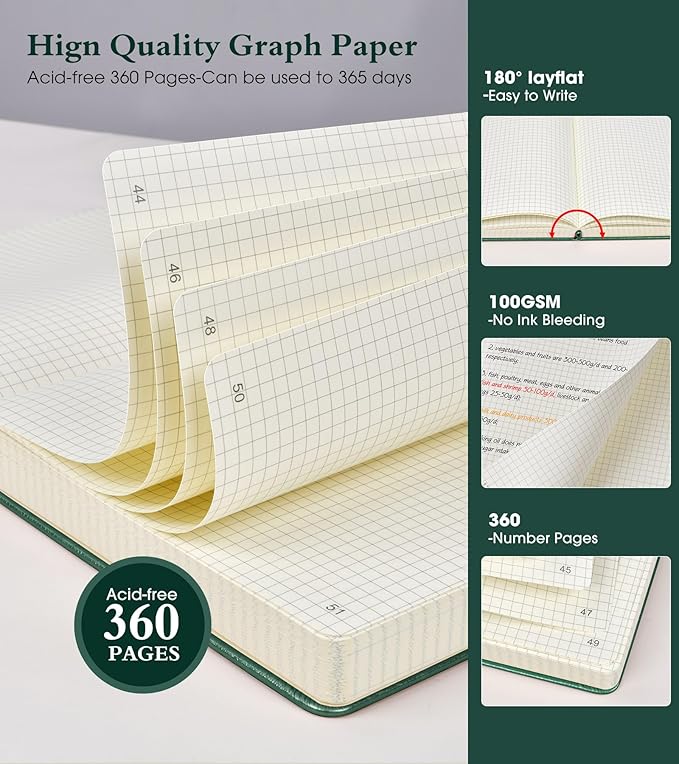 Graph Paper Notebook Journal, 360 Numbered Pages Grid Notebooks, Thick 100gsm Graphing Paper Journals for Writing Women Men, A5 Large Hardcover Leather Graph Notebook 5.75'' × 8.38'' Green