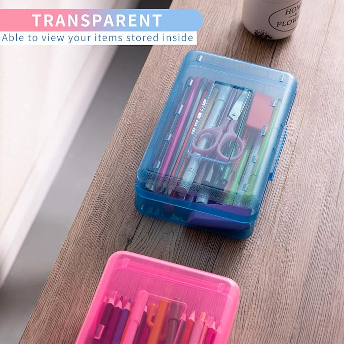 Sooez 3 Pack Pencil Case, Large Pencil Box Bulk, Clear Crayon Box Marker Pen Organizer, Plastic Storage Container with Snap-tight Lid, Stackable School Art Supply Bead Craft Organizer, Colorful