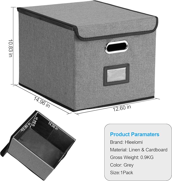 File Organizer Box with Lid, Collapsible File Folder with Plastic Slide for Office/Decor/Home, Hanging Office Document Storage, 14.96 x 12.6 x 10.83 inch,1 pack - without folders,Gray