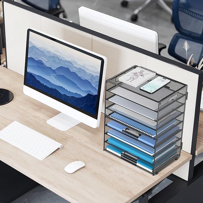 DALTACK 9-Tier Paper Letter Tray Desk Organizer with Handles, Mesh File Holder Organization, Paper Sorter Desk Organizer for Office Home School, Black 2 Pack
