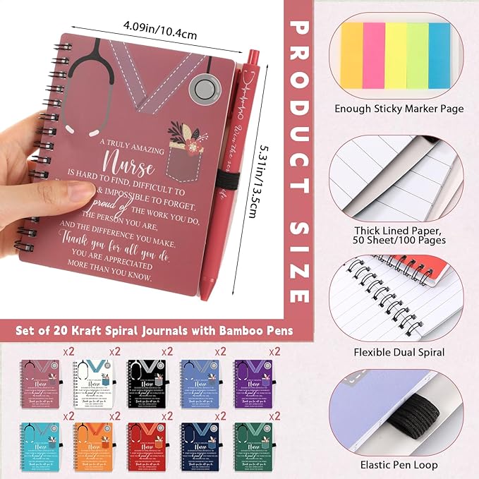 Jetec 20 Sets 2025 Nurse Appreciation Gift Thank You Gifts for Medical Nursing Assistants Inspirational Spiral Notebook Journal with Sticky Note Notepad Ballpoint Pen Bulk for Nurse Coworker Doctor