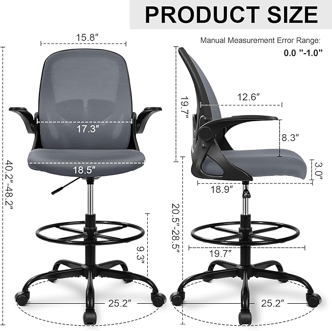 Primy Drafting Chair Tall Office Chair with Flip-up Armrests Executive Ergonomic Computer Standing Desk Chair with Lumbar Support and Adjustable Footrest Ring(Dark Gray)