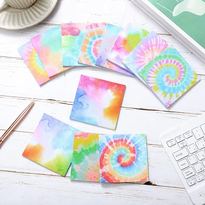 12 Pcs Rainbow Tie Dye Sticky Notes Cute Colored Sticky Paper Fun Pastel Art Party Self Adhesive Notepads for Kids Girls School Office Gay Pride Party Supplies, 30 Sheets Each (3 x 3 Inch)