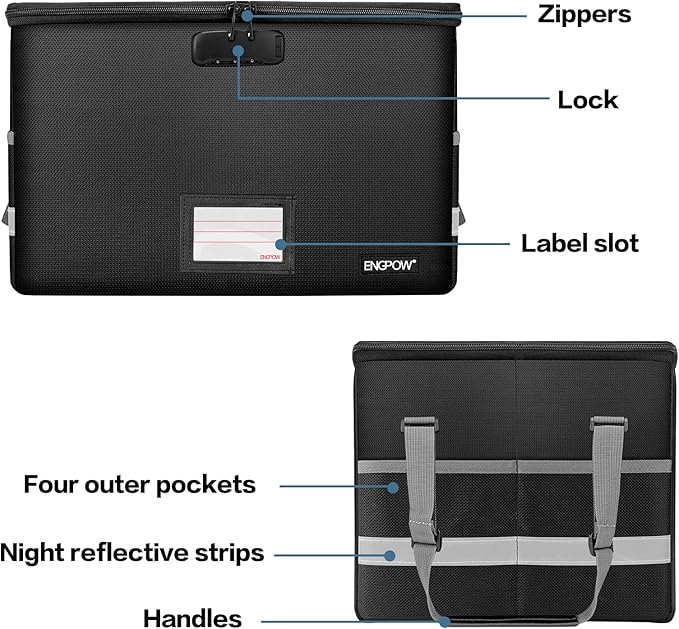 ENGPOW File Box with Lock,Fireproof Document Box with Zipper&Pockets,Collapsible File Organizer Filing Storage Cabinet with Handle,Portable Home Office Safe for Hanging Letter/Legal Folder,Black
