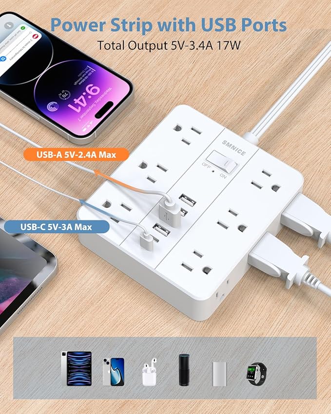 Power Strip Surge Protector 20ft Extension Cord,SMNICE Flat Plug with 12 Outlets 6 USB(2 USB C),Surge Protector Charging Station with Overload Protection for Home, Dorm,Office
