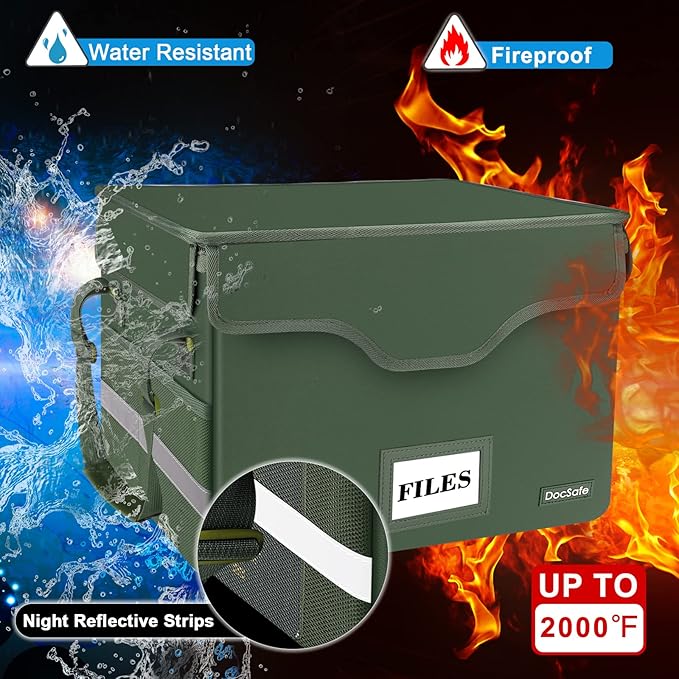DocSafe File Box Fireproof Document Box with Lock,File Storage Organizer Box with Mesh Inserts&Zipper Lid,Collapsible Portable File Box Home Office File Cabinet with Handle for Hanging Folders,Green