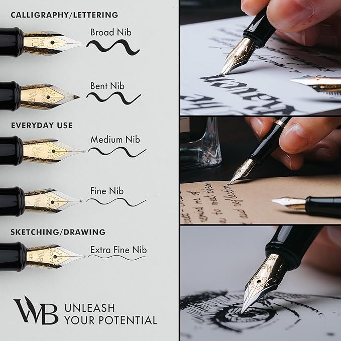 Wordsworth & Black Extra Fine Nib Fountain Pen Set Includes 24 Ink Cartridges and Piston Converter, Gift Box, Journal, Calligraphy, Gold Black