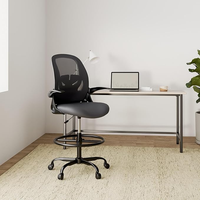 Primy Drafting Chair Tall Office Chair with Flip-up Armrests Executive Ergonomic Computer Standing Desk Chair with Lumbar Support and Adjustable Footrest Ring(Dark Gray)