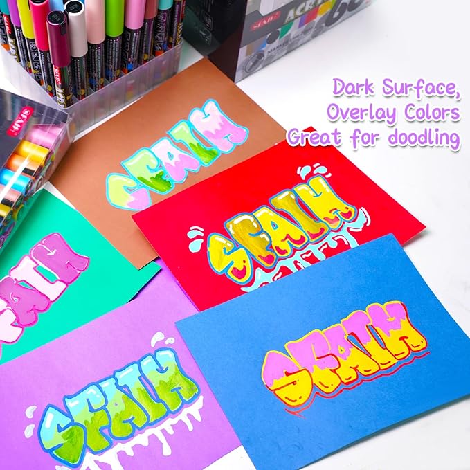 SFAIH Acrylic Creative Markers Set of 48 with Organizer, 3mm Medium Tips - 48 Colors, Waterproof, Fast Drying, Gift for Kids and Adults - Art Supplies, Fabric Paint, Rock Painting, Art Markers