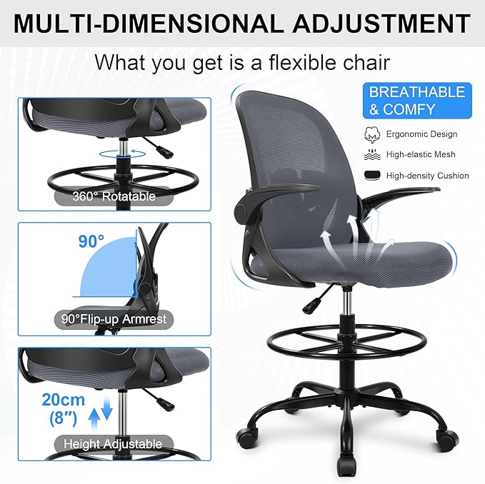 Primy Drafting Chair Tall Office Chair with Flip-up Armrests Executive Ergonomic Computer Standing Desk Chair with Lumbar Support and Adjustable Footrest Ring(Dark Gray)