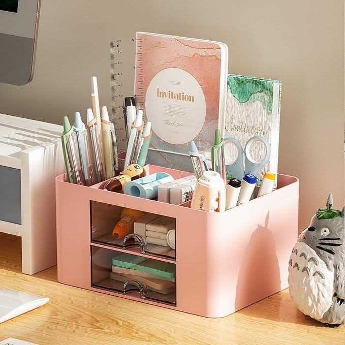 Marbrasse Pen Organizer with 2 Drawer, Multi-Functional Pencil Holder for Desk, Desk Organizers and Accessories with 5 Compartments + Drawer for Office Art Supplies (Pink)