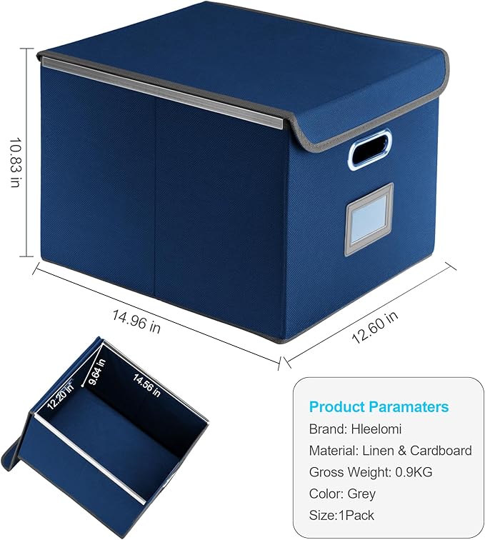 File Organizer Box with Lid, Collapsible File Folder with Plastic Slide for Office/Decor/Home, Hanging Office Document Storage, 14.9 6x 12.6 x 10.83 inch,1 pack - without folders,Blue