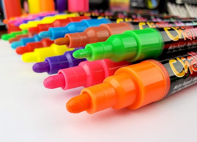 16 UV Fluorescent Neon Chalk Markers - Double Pack of Both Fine & Reversible Medium Tip Liquid Chalk Pens Wet Erasable Menu Boards, Glass, Whiteboards, Mirrors, Non-Porous Chalkboards, Plastic, Metal
