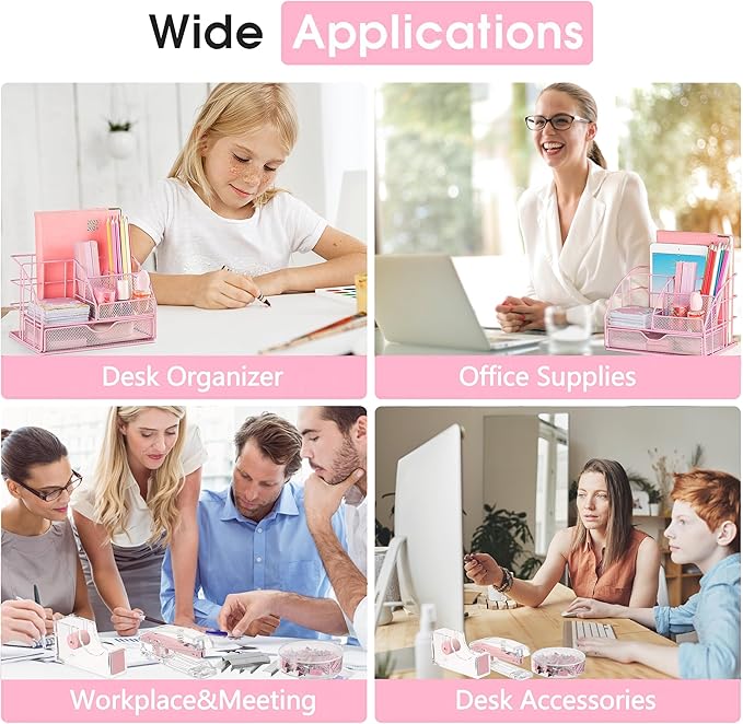 Pink Desk Organizers and Accessories, Pink Office Supplies with Mesh Desk Organizer, Acrylic Tape Dispenser and Stapler, Staples, Ballpoint Pen, Clips Set, Ruler, Scissor, Sticky Labels