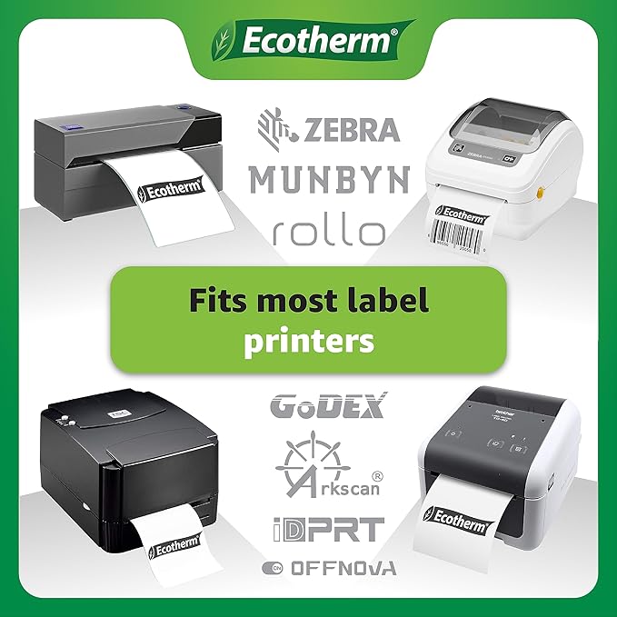 2.25" x 4" Thermal Labels | 4 Rolls | 1440 Labels | fits Zebra, Munbyn, Rollo, Godex, Arkscan, iDPRT, Offnova Thermal Label Printers and More | Blank White Adhesive Stickers by Ecotherm