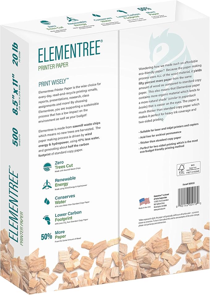 Elementree Sustainable Printer Paper Case, 8.5 x 11 White, 5 Reams, 2500 Sheets of 20lb Printing Paper, Made in the USA (00918C)