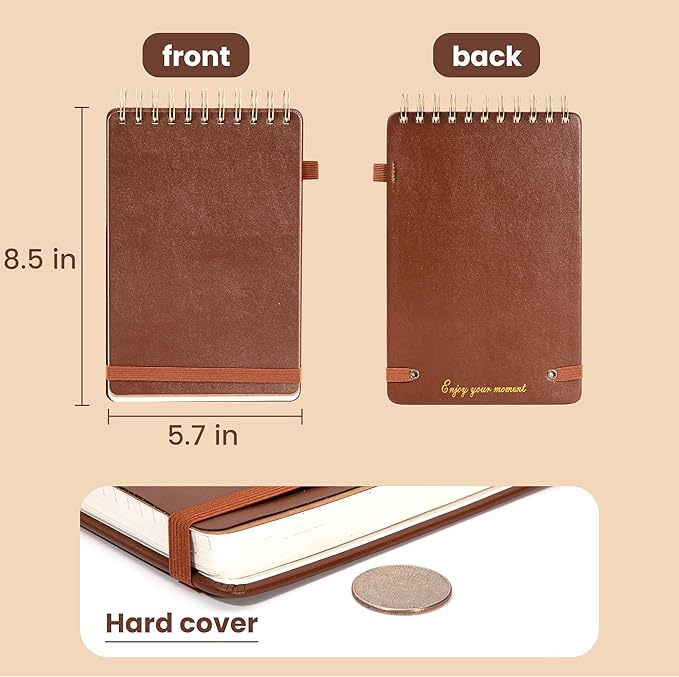 Yoment Top Spiral Notebook Leather Steno Pads 240 Pages Spiral Notepad for Work 5x7 Top Bound Steno Notebook, 100 GSM Thick Paper, Left Handed Notebooks for Office College School, Brown