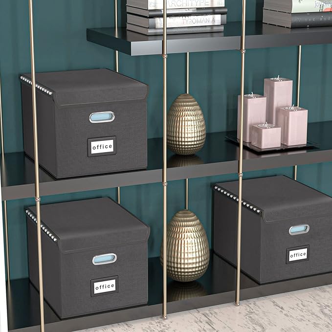 Collapsible File Storage Organizer Boxes with Lids, Linen Office Document Storage Box, Filing Box, Decorative Small File Box for Hanging File, Single File Box with Plastic Slide for Office/Decor/Home