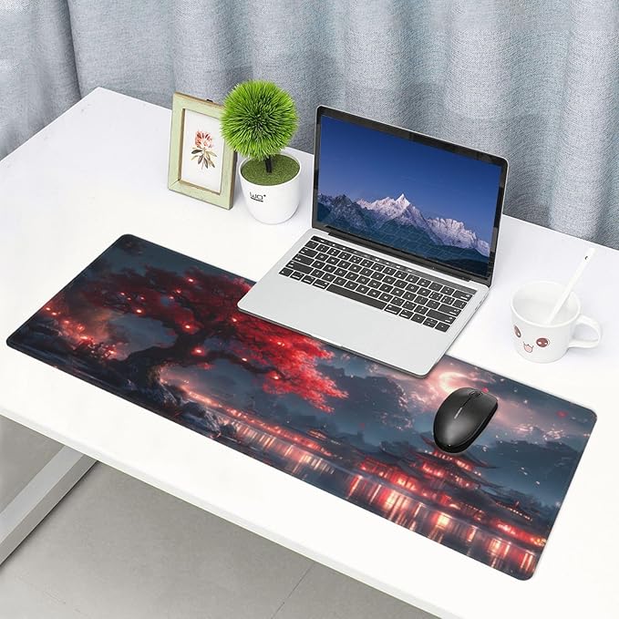 Gaming Mouse Pad Desk Pad,Extended Big Mouse Pad,31.5x11.8 Inch Long Computer Keyboard Mouse Mat Mousepad with 3mm Non-Slip Base and Stitched Edge for Gaming and Office… (Night Lake)