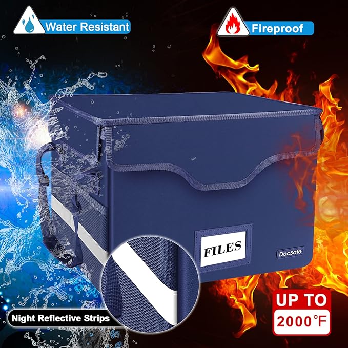 DocSafe File Box Fireproof Document Box with Lock,File Storage Organizer Box with Insert Pocket,Collapsible Portable File Box Home Office File Cabinet with Handle for Hanging Letter/Legal Folder,Blue