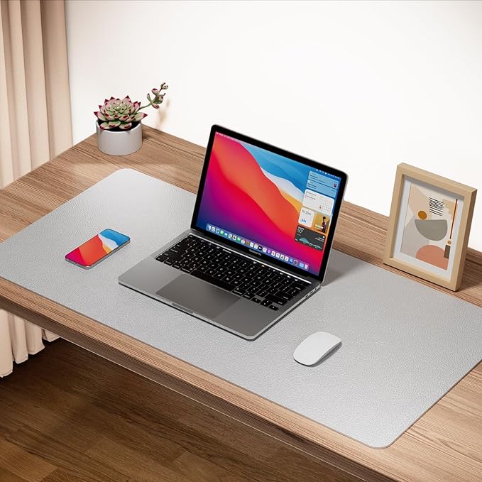 Boutilon Leather Desk Pad 35"x 17" Non-Slip Mouse Pad,Office Desk Mat,Waterprooft PU Leather Desk Blotter,Desk Pad Protector,Desk Writing Pad for Home Office Decor (L-Silver,35"x 17")