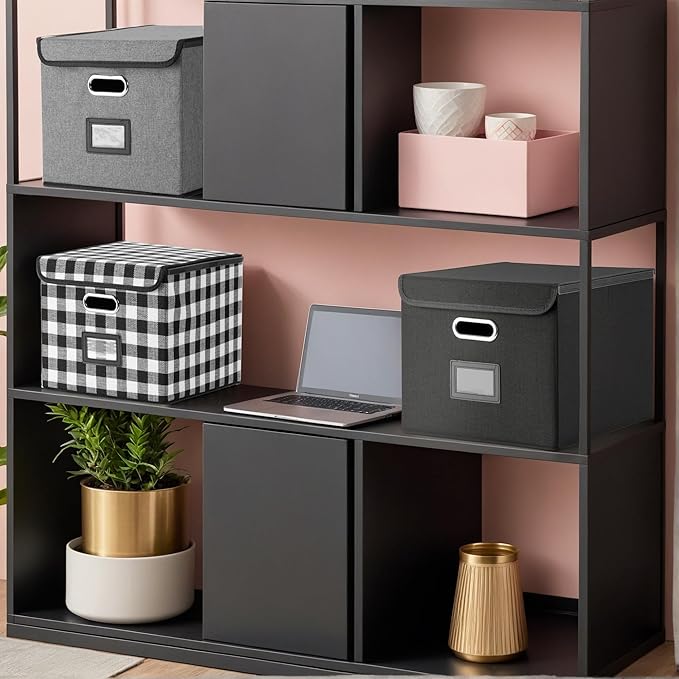File Organizer Box with Lid, Collapsible File Folder with Plastic Slide for Office/Decor/Home, Hanging Office Document Storage, 14.9 6x 12.6 x 10.83 inch,1 pack - without folders,Black