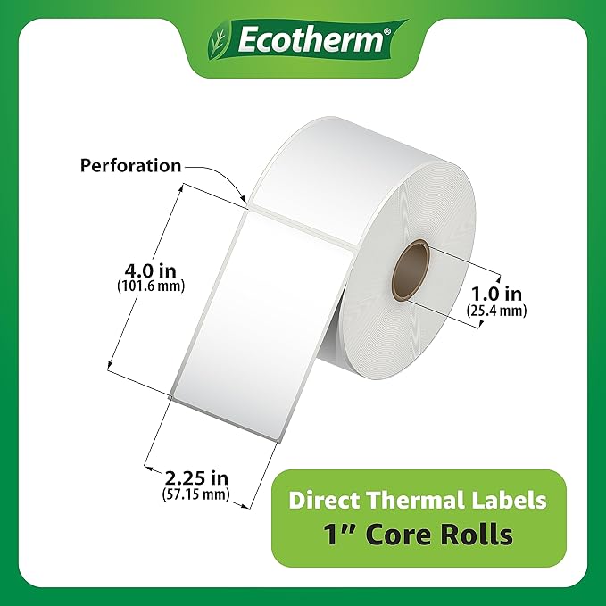 2.25" x 4" Thermal Labels | 4 Rolls | 1440 Labels | fits Zebra, Munbyn, Rollo, Godex, Arkscan, iDPRT, Offnova Thermal Label Printers and More | Blank White Adhesive Stickers by Ecotherm