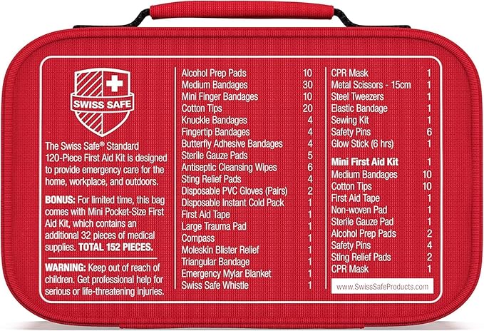 Swiss Safe 2-in-1 First Aid Kit for Car, Travel & Home, Businesses - Bonus Mini Kit for Medical Emergency Aid, Survival, Camping - FSA & HSA Eligible - 120+32 Pcs, Small+Travel FAK