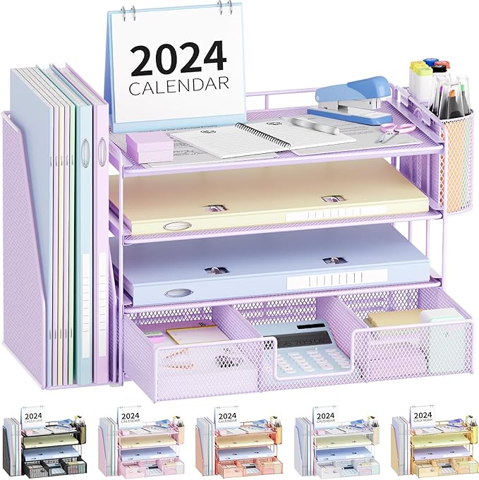Paper Clip Holders Desk Organizers and Accessories,4-Tie Leter Tray Organizer with 2 Pen File Holder,Desk Drawer,Ofice Accesorie for Office Supplies,Purple