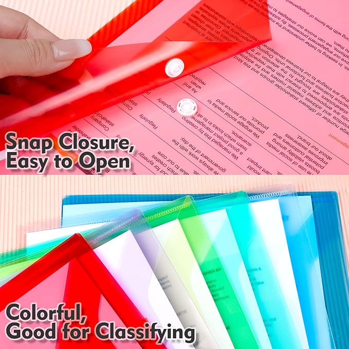 LEOBRO Plastic File Folders, 24 PCS Plastic Folders for Documents, File Folders, A4 Plastic Envelopes with Snap Closure, Letter Size Clear Envelopes Folders, Reusable File Bags, Document Holder