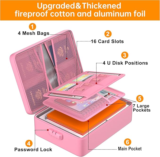 DocSafe 5200°F Document Organizer with Lock,Upgraded Heat Insulated Fireproof&Waterproof Box 8 Layers File Organizer,Portable Home Travel Safe Storage for Important Documents, Files,Pink (Soft)