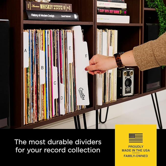 Heavy Duty Vinyl Record Dividers A-Z| 12" LP Record Dividers with Tabs | Pack of 26 Record Alphabet Dividers | White | Made in The USA | Vinyl Record Organizer Tabs for Side Browsing