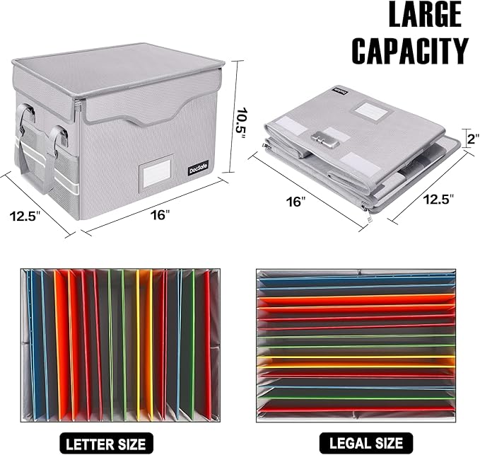 DocSafe File Box Fireproof Document Box with Lock, File Storage Organizer Box with Pockets,Collapsible Portable File Box Home Office File Cabinet with Handle for Hanging Letter/Legal Folder,Silver